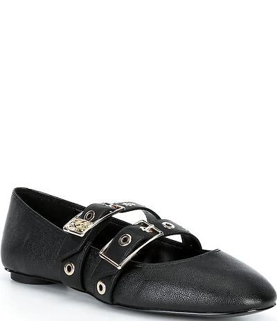 KARL LAGERFELD PARIS Ashlyn Leather Ornamental Buckle Mary Jane Ballet Flats
