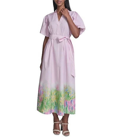 KARL LAGERFELD PARIS Border Print Collared Short Sleeve Cotton Poplin Midi Shirt Dress