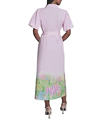 KARL LAGERFELD PARIS Border Print Collared Short Sleeve Cotton Poplin Midi Shirt Dress