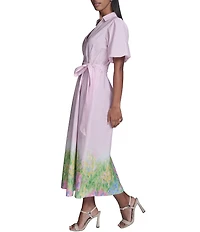 KARL LAGERFELD PARIS Border Print Collared Short Sleeve Cotton Poplin Midi Shirt Dress