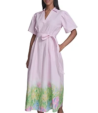 KARL LAGERFELD PARIS Border Print Collared Short Sleeve Cotton Poplin Midi Shirt Dress