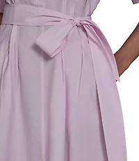 KARL LAGERFELD PARIS Border Print Collared Short Sleeve Cotton Poplin Midi Shirt Dress