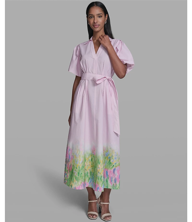 KARL LAGERFELD PARIS Border Print Collared Short Sleeve Cotton Poplin Midi Shirt Dress