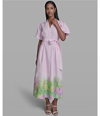 KARL LAGERFELD PARIS Border Print Collared Short Sleeve Cotton Poplin Midi Shirt Dress