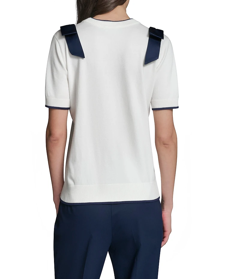 KARL LAGERFELD PARIS Bow Knit Crew Neck Short Sleeve Top