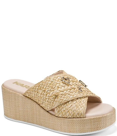 KARL LAGERFELD PARIS Caleigh Atelier Woven Raffia Platform Wedge Slide Sandals