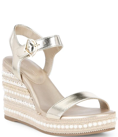 KARL LAGERFELD PARIS Calzona Metallic Pearl Wedge Platform Espadrille Sandals
