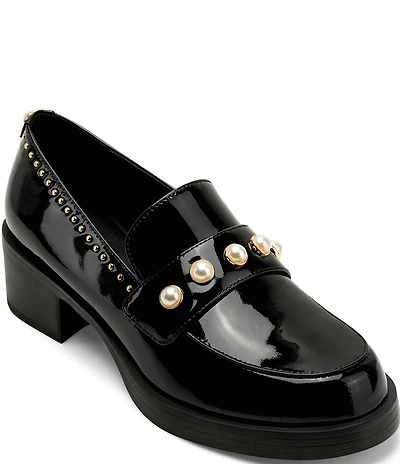 KARL LAGERFELD PARIS Camilia Patent Studded Pearl Ornament Block Heel Loafers
