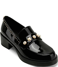 KARL LAGERFELD PARIS Camilia Patent Studded Pearl Ornament Block Heel Loafers
