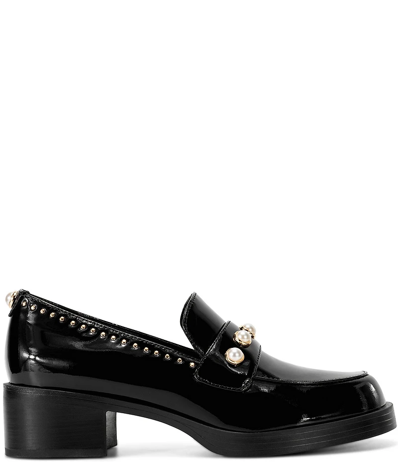 KARL LAGERFELD PARIS Camilia Patent Studded Pearl Ornament Block Heel Loafers