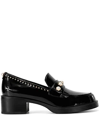 KARL LAGERFELD PARIS Camilia Patent Studded Pearl Ornament Block Heel Loafers