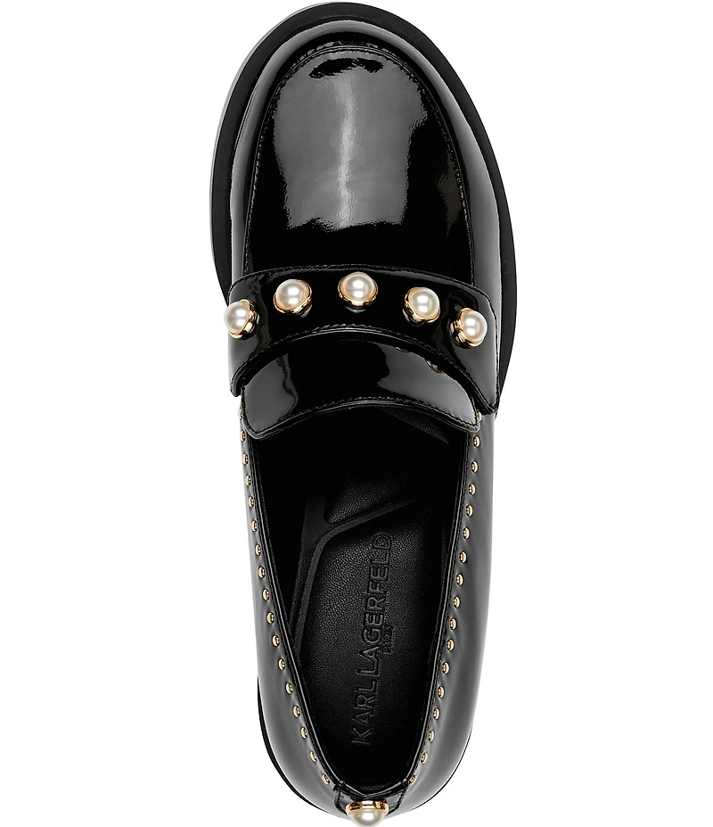 KARL LAGERFELD PARIS Camilia Patent Studded Pearl Ornament Block Heel Loafers