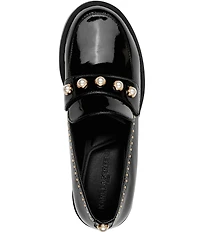 KARL LAGERFELD PARIS Camilia Patent Studded Pearl Ornament Block Heel Loafers