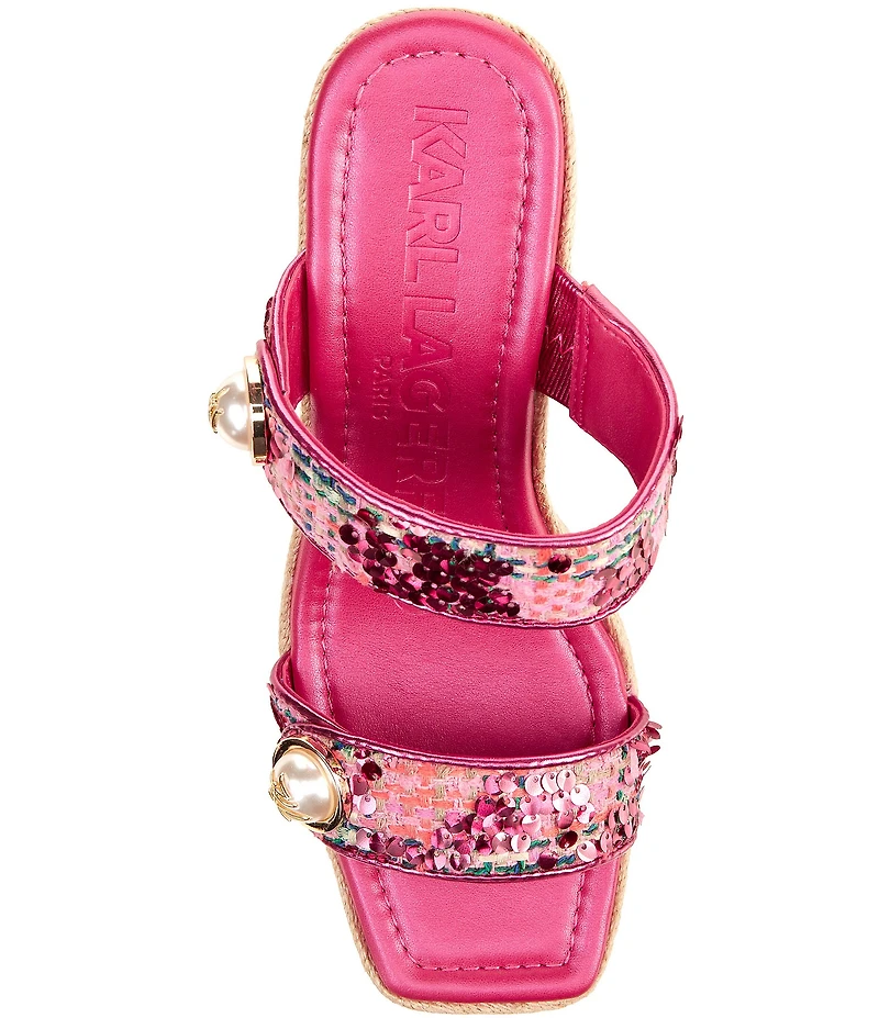 KARL LAGERFELD PARIS Carsen Boucle Pearl Banded Slip On Wedge Sandals