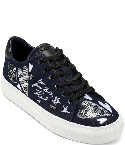 KARL LAGERFELD PARIS Cate Ikonic Embroidered Fabric Lace Up Sneakers
