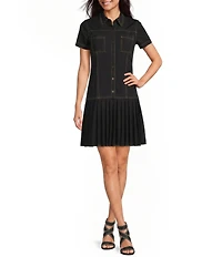 KARL LAGERFELD PARIS Chambray Mini Length Point Collar Short Sleeve Shirt Dress