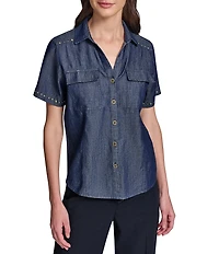 KARL LAGERFELD PARIS Chambray Point Collar Short Sleeve Studded Shirt