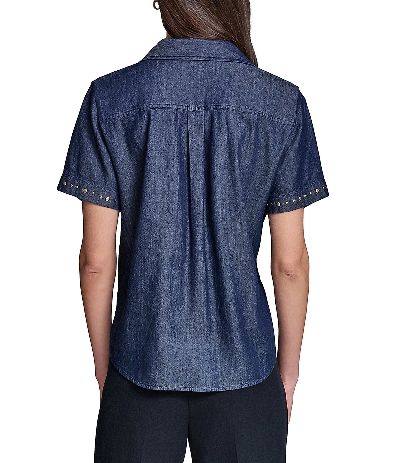 KARL LAGERFELD PARIS Chambray Point Collar Short Sleeve Studded Shirt
