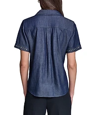 KARL LAGERFELD PARIS Chambray Point Collar Short Sleeve Studded Shirt
