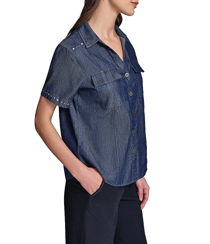 KARL LAGERFELD PARIS Chambray Point Collar Short Sleeve Studded Shirt