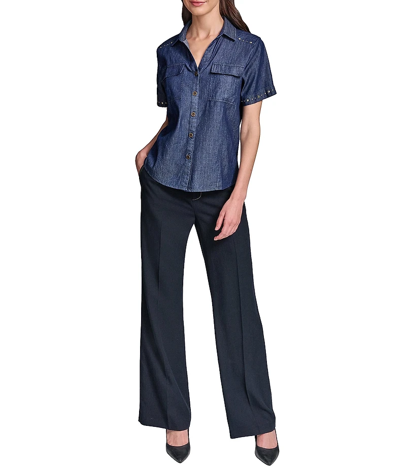KARL LAGERFELD PARIS Chambray Point Collar Short Sleeve Studded Shirt