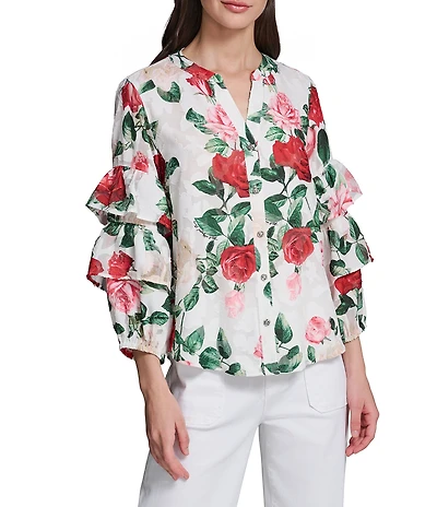 KARL LAGERFELD PARIS Chiffon Floral Print V-Neck Long Sleeve Shirt