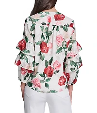 KARL LAGERFELD PARIS Chiffon Floral Print V-Neck Long Sleeve Shirt