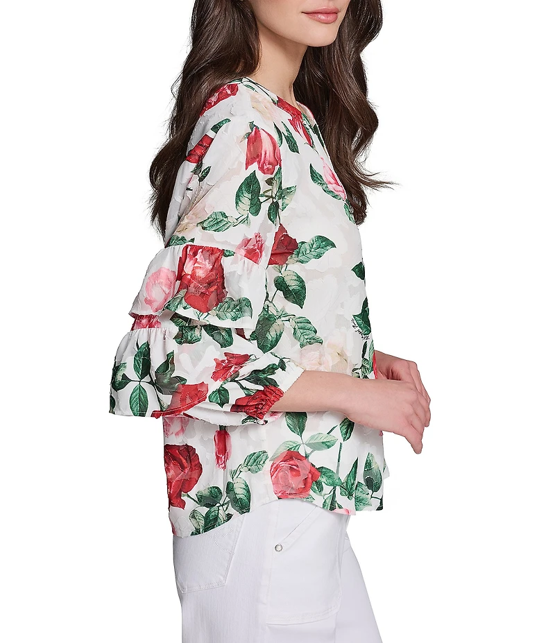 KARL LAGERFELD PARIS Chiffon Floral Print V-Neck Long Sleeve Shirt