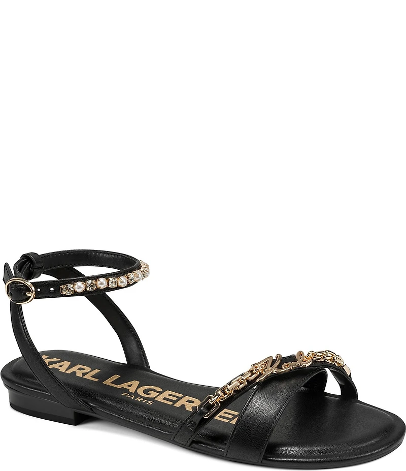 KARL LAGERFELD PARIS Christiano Chain Rhinestone Pearl Ankle Strap Sandals