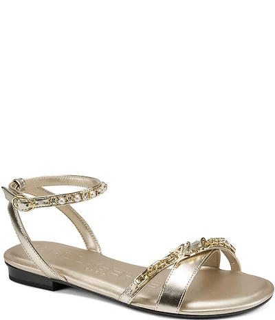 KARL LAGERFELD PARIS Christiano Metallic Chain Strap Rhinestone Pearl Ankle Strap Sandals