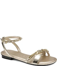 KARL LAGERFELD PARIS Christiano Metallic Chain Strap Rhinestone Pearl Ankle Strap Sandals