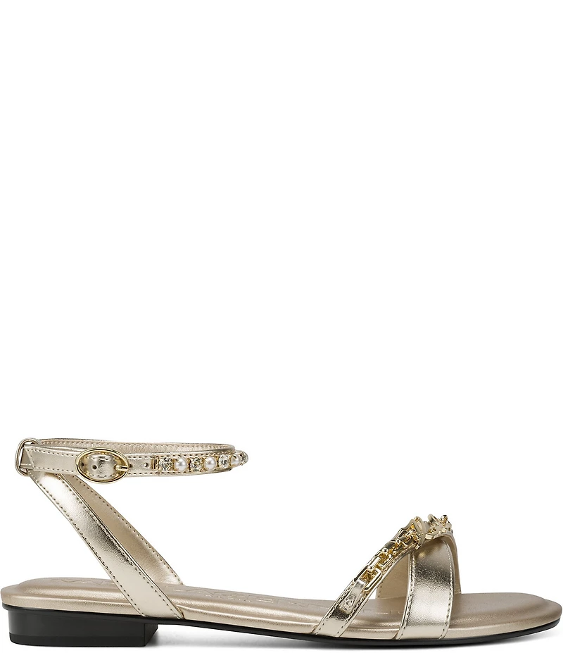 KARL LAGERFELD PARIS Christiano Metallic Chain Strap Rhinestone Pearl Ankle Strap Sandals