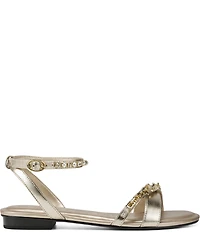 KARL LAGERFELD PARIS Christiano Metallic Chain Strap Rhinestone Pearl Ankle Strap Sandals