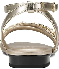 KARL LAGERFELD PARIS Christiano Metallic Chain Strap Rhinestone Pearl Ankle Strap Sandals