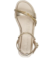 KARL LAGERFELD PARIS Christiano Metallic Chain Strap Rhinestone Pearl Ankle Strap Sandals
