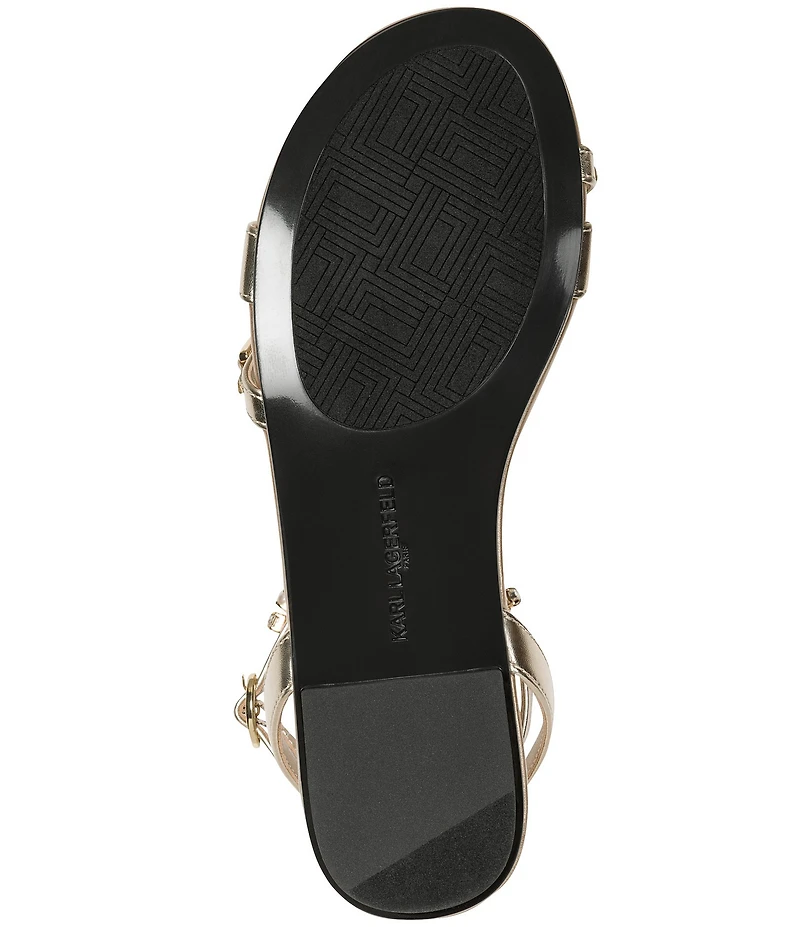 KARL LAGERFELD PARIS Christiano Metallic Chain Strap Rhinestone Pearl Ankle Strap Sandals