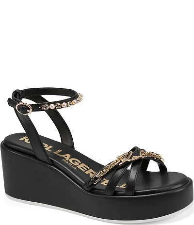KARL LAGERFELD PARIS Clemons Pearl Rhinestone Ankle Strap Logo Chain Platform Wedge Sandals