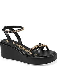 KARL LAGERFELD PARIS Clemons Pearl Rhinestone Ankle Strap Logo Chain Platform Wedge Sandals