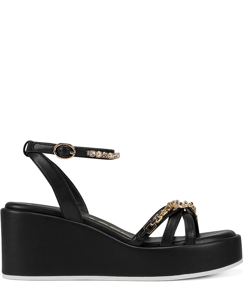 KARL LAGERFELD PARIS Clemons Pearl Rhinestone Ankle Strap Logo Chain Platform Wedge Sandals