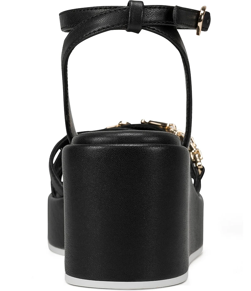 KARL LAGERFELD PARIS Clemons Pearl Rhinestone Ankle Strap Logo Chain Platform Wedge Sandals