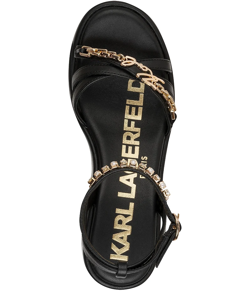 KARL LAGERFELD PARIS Clemons Pearl Rhinestone Ankle Strap Logo Chain Platform Wedge Sandals