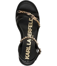 KARL LAGERFELD PARIS Clemons Pearl Rhinestone Ankle Strap Logo Chain Platform Wedge Sandals