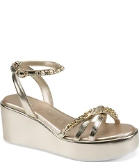 KARL LAGERFELD PARIS Clemons Pearl Rhinestone Ankle Strap Logo Chain Platform Wedge Sandals