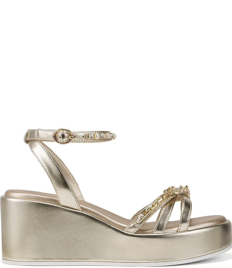 KARL LAGERFELD PARIS Clemons Pearl Rhinestone Ankle Strap Logo Chain Platform Wedge Sandals