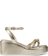 KARL LAGERFELD PARIS Clemons Pearl Rhinestone Ankle Strap Logo Chain Platform Wedge Sandals