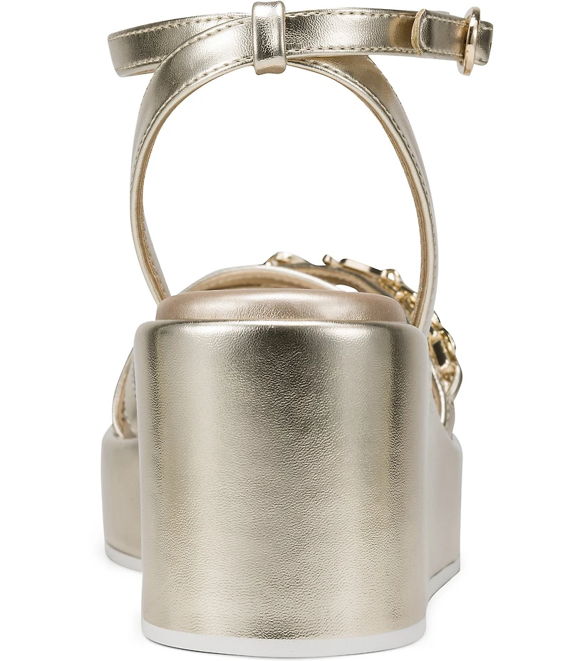 KARL LAGERFELD PARIS Clemons Pearl Rhinestone Ankle Strap Logo Chain Platform Wedge Sandals