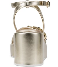 KARL LAGERFELD PARIS Clemons Pearl Rhinestone Ankle Strap Logo Chain Platform Wedge Sandals