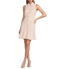 KARL LAGERFELD PARIS Collared Sleeveless Pearl Button A-Line Flounce Hem Dress