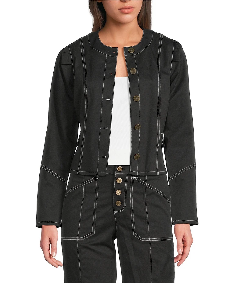 KARL LAGERFELD PARIS Coordinating Round Neck Long Sleeve Contrast Trim Cropped Jacket