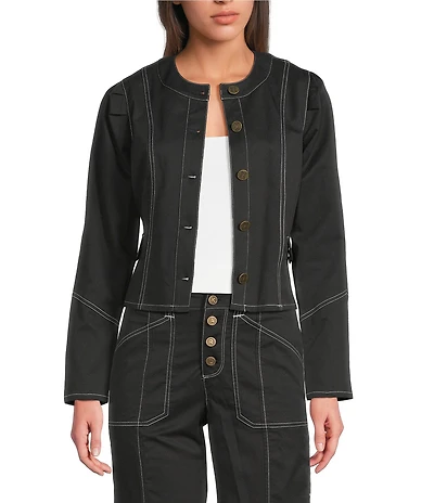 KARL LAGERFELD PARIS Coordinating Round Neck Long Sleeve Contrast Trim Cropped Jacket